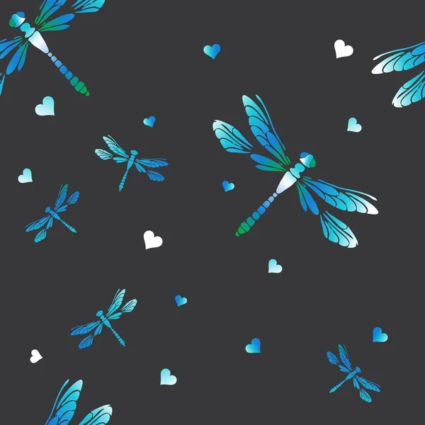 Libélulas Sobre Fondo Gris Adorno Natural Azul Brillante Insectos Flores — Vector de stock