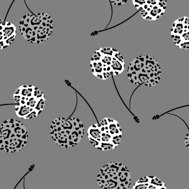 Leopar desenli kiraz. Böğürtlen. Gri tonlarda süsleme