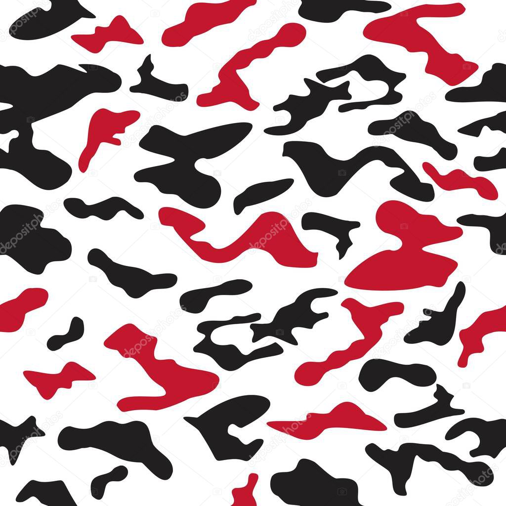 Camouflage.Red and black abstract spots on a white background. Grunge style. Seamless texture.Military.