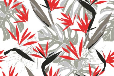 Egzotik orman bitkileri illüstrasyon deseni. Yapraklar. Yaratıcı kolaj çağdaş kusursuz desen. Tasarım için modaya uygun şablon.