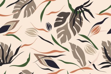 Egzotik orman bitkileri illüstrasyon deseni. Yapraklar. Yaratıcı kolaj çağdaş kusursuz desen. Tasarım için modaya uygun şablon.