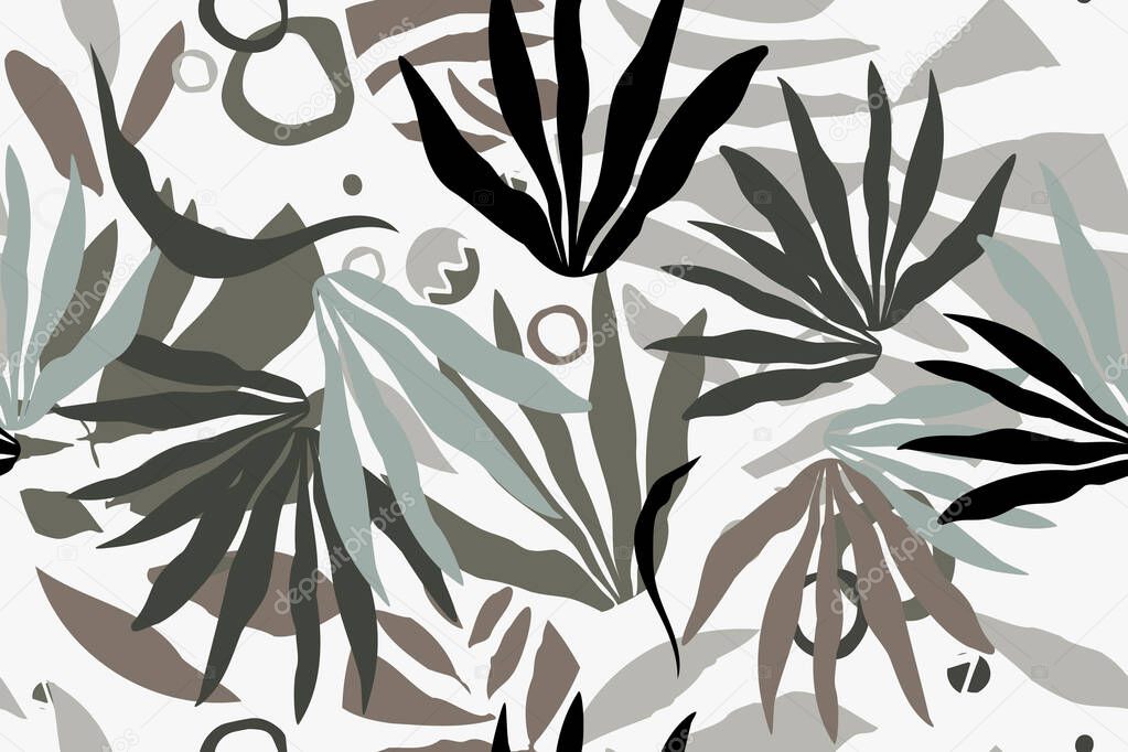 Exotic jungle plants illustration pattern.Leaves. Creative collage contemporary seamless pattern. Fashionable template for design.