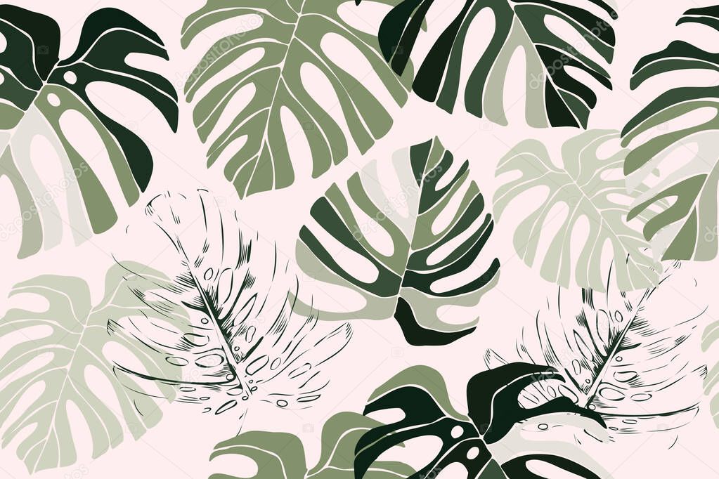 Exotic jungle plants illustration pattern.Leaves. Creative collage contemporary seamless pattern. Fashionable template for design.
