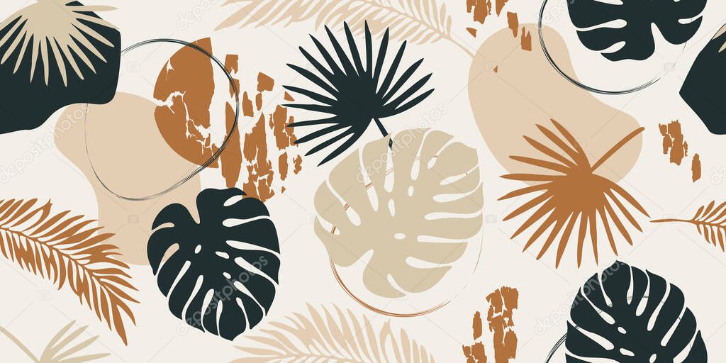 Exotic jungle plants illustration pattern.Leaves. Creative collage contemporary seamless pattern. Fashionable template for design.