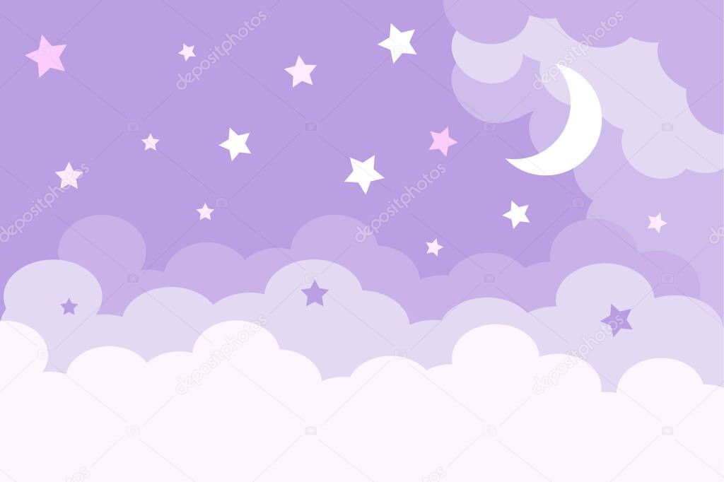 Night bright starry sky and moon. White shine stars on the clouds background, banner, backdrop. Cloudy weather. 