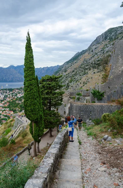 Antigas muralhas de fortaleza acima de Kotor e Baía de Kotor, Montenegro — Fotografia de Stock