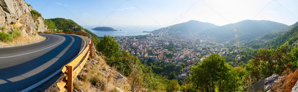 Panoramic views of mountain road and city of Budva on coast, Montenegr