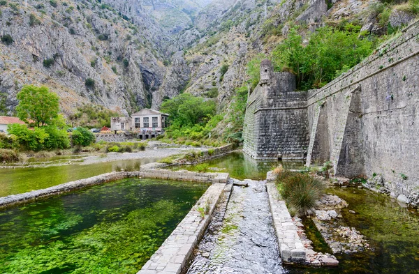 Крепостная стена Бастионной Ривы возле реки Шкурды, Старый город Котор, Черногория — стоковое фото