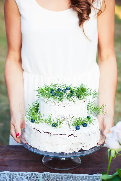 Bride holding wedding cake outside faceless — Stock Photo, Image