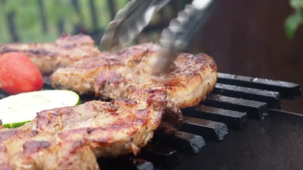 Pečené vepřové steaky na grilu. pečení masa v ohni — Stock video