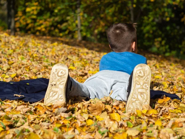 the boy is lying on the blanket with his legs crossed. yellow foliage in the autumn Park. rear view of the soles of the shoes.