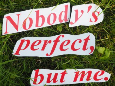 Benden başka kimse mükemmel değildir. Kağıt kesikli kelimelerden oluşan çimlerin üzerinde.