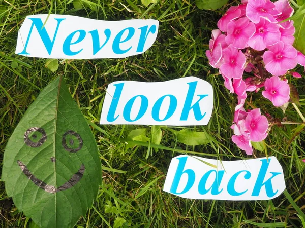 Aldrig Tillbaka Bokstäver Gräset Pappersurklipp Ord — Stockfoto