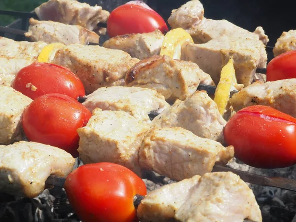 Kebabs Porco Com Tomates Limão Grelhados Grelha — Fotografia de Stock