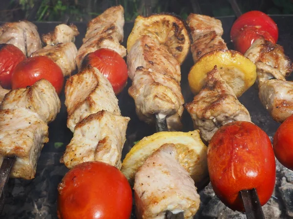 Kebabs Porco Com Tomates Limão Grelhados Grelha — Fotografia de Stock