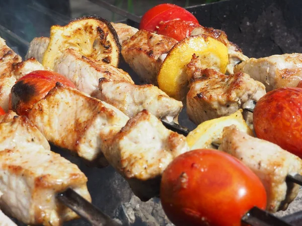 Brochettes Porc Aux Tomates Citron Avec Une Délicieuse Croûte Cuisson — Photo