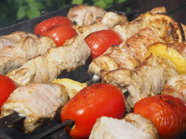 Vepřové Kebab Rajčaty Citrónem Lahodnou Kůrkou Vaření Grilu — Stock fotografie