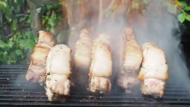 Der Koch gießt Alkohol auf das Fleisch auf dem Grill und zündet es an. Flamme — Stockvideo