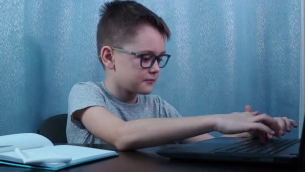 Pojken med glasögon typ på datorn, vänder och visar OK — Stockvideo