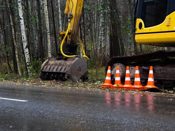 crawler excavator with a bucket for cleaning trees. special equipment for roadside cleaning. repair of roads