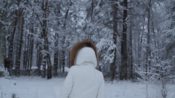 Dívka v bílém saku v zimním pohádkovém lese. sejde po stezce, otočí se a usměje se — Stock video