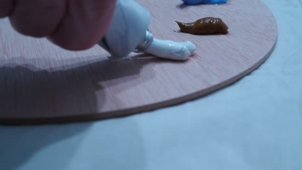 Девушки выжимают масляные краски на палитре для рисования. вид стрельбы сбоку — стоковое видео