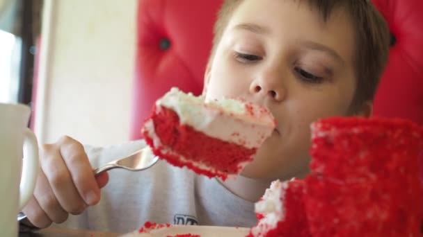 Un garçon mange un gâteau avec une fourchette dans un café. Émotions de surprise, bonheur sur le visage des enfants — Video