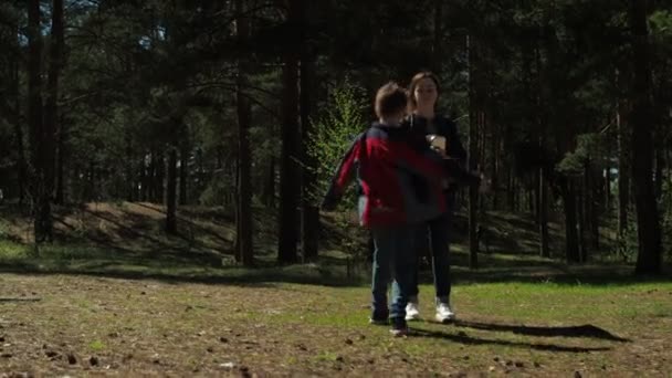 Een 10-jarige jongen rent naar zijn moeder. knuffelen van een moeder met een kind in de natuur in het park — Stockvideo