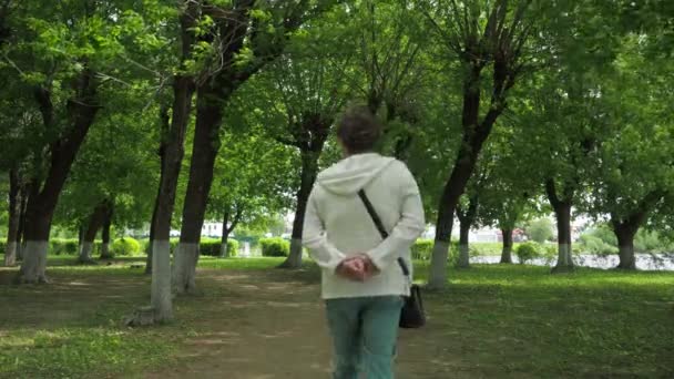 Un paseo por el parque. una anciana camina por el callejón del parque. vista desde atrás — Vídeo de stock