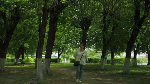 Un paseo por el parque. una anciana camina por el callejón del parque. va a la cámara sonriendo — Vídeo de stock