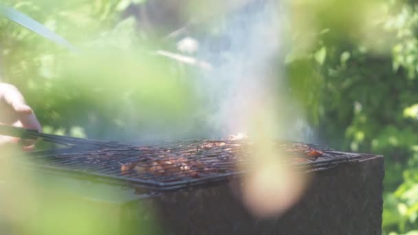 Человек рука смотрит с ножом на готовность куски мяса на гриле. на переднем плане - несфокусированная листва. лето — стоковое видео