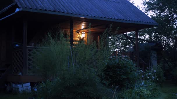 Una luz ardiente en una casa de campo en la vegetación de los árboles. insectos vuelan en la luz — Vídeo de stock