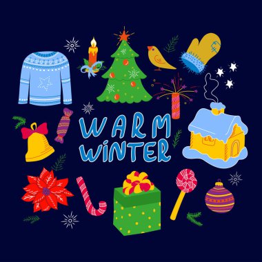 Kış Noel elementleri seti. El çizimi karalama stili. Yılbaşı için yeni yıl karnaval partisi tasarımı, yeni yıl süslemesi.