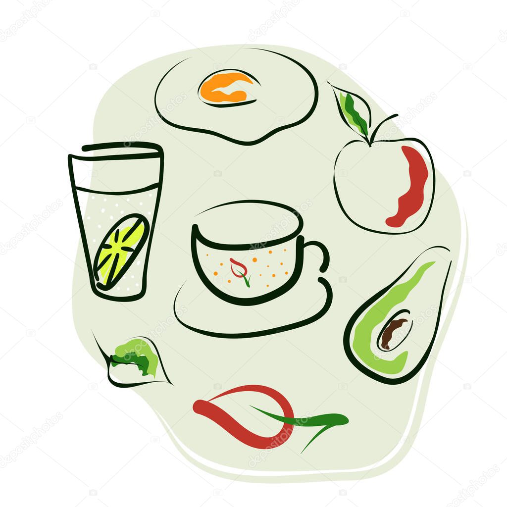 Healthy food. Breakfast concept. Apple, avocado, cup of tea or coffee, lemon water, fried egg. Line art with abstract filler. Vector illustration isolated on white