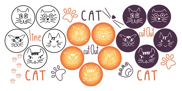 Kočičí Hlava Kočičí Obličej Pow Obrys Vystřižené Čmáranice Ručně Kreslená — Stockový vektor