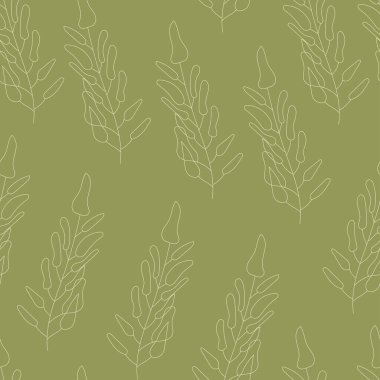 Çiçeksiz desen. Hardal arkaplanındaki dekoratif soyut karalama yaprakları. Bitmeyen dokuyu yeşillikle tekrar et. Vektör illüstrasyonu