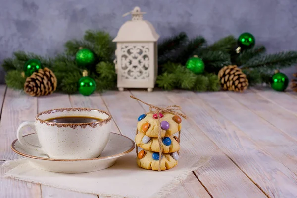 Cup Coffee Cookies Wooden Table Christmas Mood — Stock Photo, Image