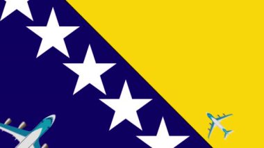 Bosna-Hersek bayrağı ve uçaklar. Bosna-Hersek bayrağı üzerinde uçan uçakların canlandırılması. Ülke içinde ve yurt dışında uçuş kavramı.