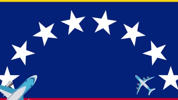 ベネズエラと飛行機の旗 ベネズエラの旗の上を飛ぶ飛行機のアニメーション 国内外の飛行の概念 — ストック動画