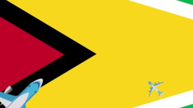 Guyana bayrağı ve uçaklar. Guyana bayrağı üzerinde uçan uçakların animasyonu. Ülke içinde ve yurt dışında uçuş kavramı.