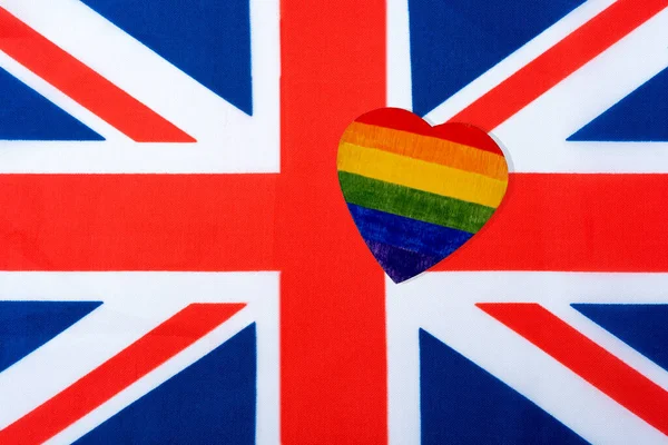 The flag of Great Britain and the heart in the form of the LGBT flag. The concept of lesbian, gay, and transgender rights.