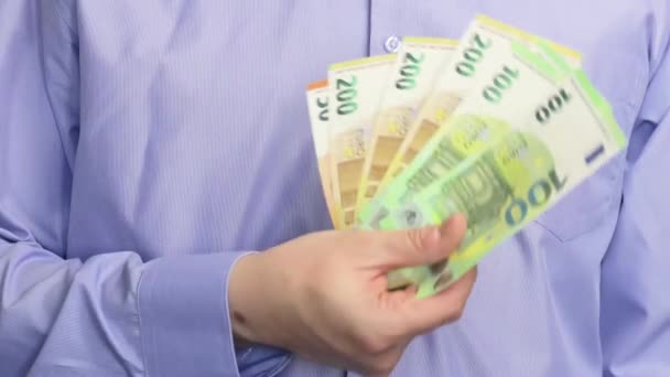 Close Man Hands While Counting Euro Money Bills European Economy — Stock Video