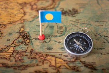 Dünya haritasında Palau bayrağı. Turizm ve eğlence kavramı..