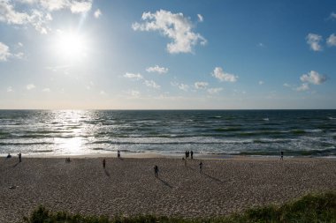 CURONIAN SPIT, Kaliningrad June 2021 A group of people walks on the beach of the Curonian Spit near the Baltic Sea.