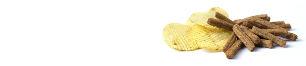 Chips Crackers White Background Cold Appetizer Copy Space — Stock Photo, Image