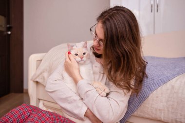 İngiliz cinsinin tatlı kırmızı kedisi kızın kollarında, kızın yüzü bulanık.