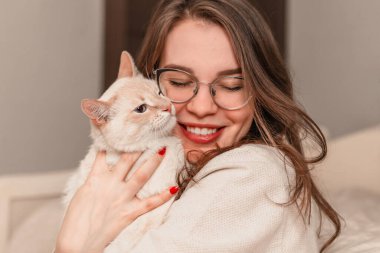 İngiliz cinsinin tatlı kırmızı kedisi kızın kollarında, kızın yüzü bulanık.