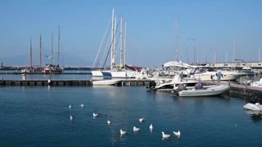 27.03.2021 İtalya Castellammare di Stabia Akdeniz limanında uçan martılar var.
