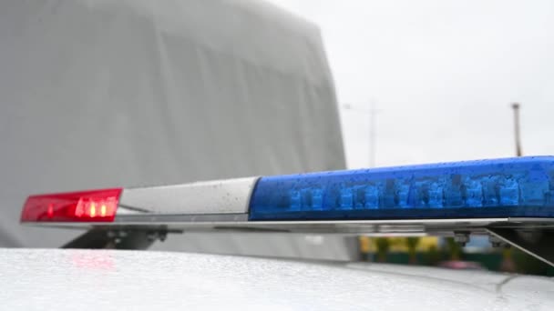 Linterna intermitente rojo y azul de un coche de policía por la tarde en una calle de la ciudad primer plano — Vídeos de Stock