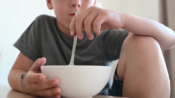 Schoolboy boy sitting home eating chicken food close-up — Stock Video